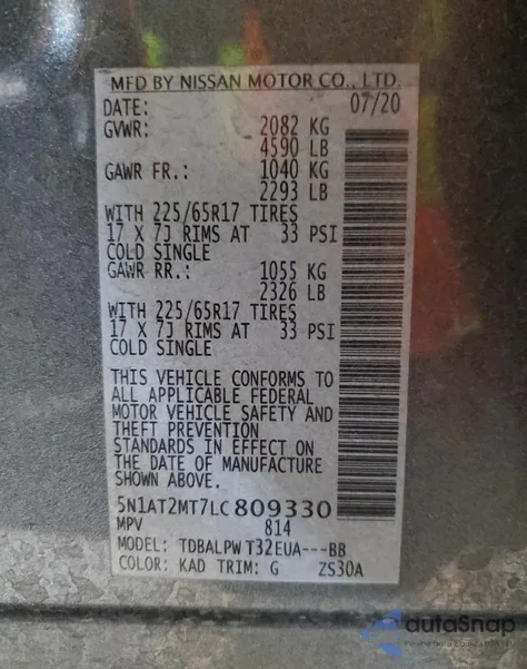 2020 Nissan Rogue S z USA, uszkodzony, nr VIN 5N1AT2MT7LC809330